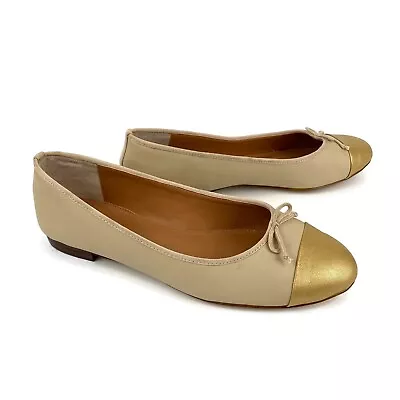 J Crew Womens Sz 8.5 M Uptown Ballet Flats Beige Gold Metallic Cap Toe Bow • $24.99