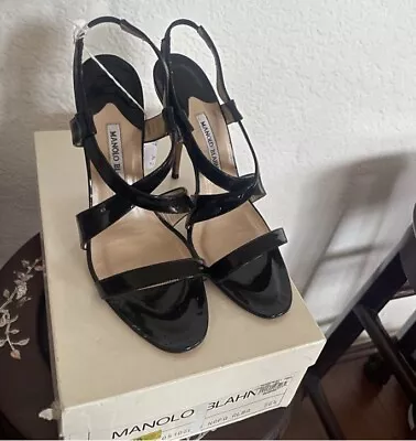 MANOLO BLAHNIK Black Patent Leather Cross Strap Slingback Sandals Size 38 • $99