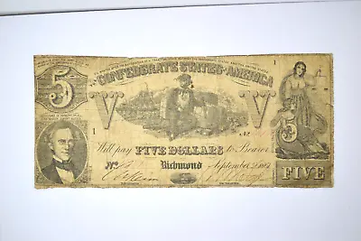 T37 $5 Confederate Note- September 2 1861-Fine With A Few Pinholes • $95