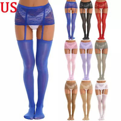 US Women Lingerie Glossy Thigh-High Stockings Miniskirt Garter Belt Pantyhose • $7.43
