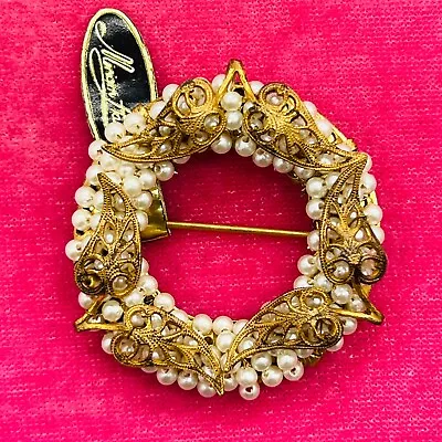 MIRIAM HASKELL Signed Leaf Seed Faux Pearl Baroque Gold Tone Brooch Pin W/ Tag✨ • $116.99