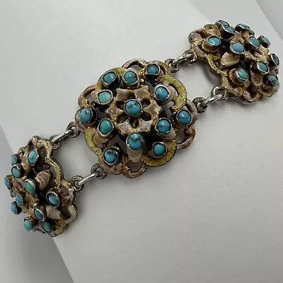Antique Austro Hungarian Gilt Silver Enamel Genuine Turquoise Bracelet • $9.99