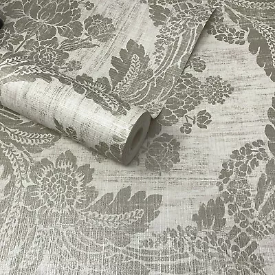 Cream Gold & Feint Pink Textured Floral Damask Stripes Feature Wallpaper M1411 • £1.99