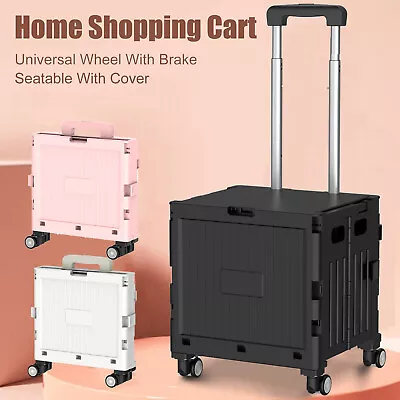 Collapsible Shopping Box Trolley 4-Wheels W/ Lid Folding Trolley Cart Heavy Duty • £26.99