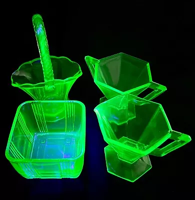 Vintage Vaseline Glass Uranium Glass Lot- Cream And Sugar- Basket- Square Dish • $33