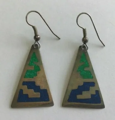 Vintage Alpaca Mexico Silver Tone Green And Blue Chip Inlay Dangle Hook Earrings • $17.50