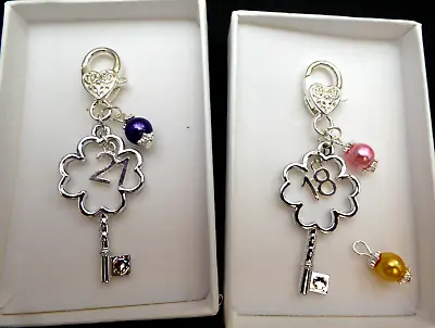 £6.20 • Buy 18th 21st Birthday Celebration Gift Handbag Charm With Key Number & Pearl In Box