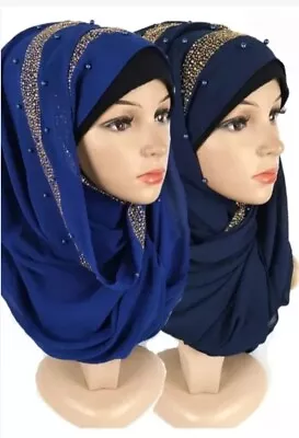 Chiffon Hijab Scarf With Glitter Border Muslim Women's Maxi Shawl Headscarf  • £4.99