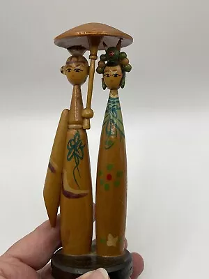 Vintage Handpainted Wooden Oriental Couple With Parasol • $39