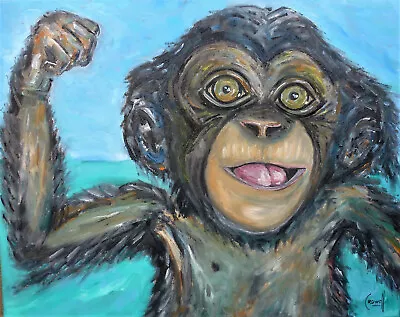 CHIMP CHAMP Baby Chimpanzee Oil Painting Big Canvas Original Art Signed CROWELL  • $190