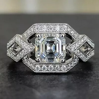 Art Deco 3.15Ct Asscher Cut Lab Created Diamond Vintage 14k White Gold Over Ring • $100