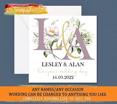 Personalised Wedding Day Card Bride Groom Congratulations Initials Flowers • £2.95