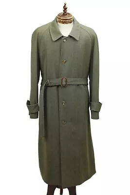 Vintage Made In England Olive Wool Tweed Belted Raglan Long Balmacaan Coat ~44/L • $184.99