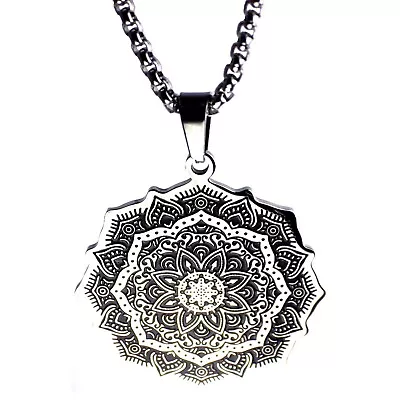 Mandala Necklace Silver Stainless Steel Spiritual Meditation Pendant • $19.99