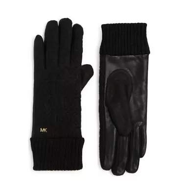 Michael Kors Logo Womens Black Soft Quilted Knit Glove With Leather Sz M NWT • $56.09