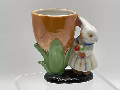 Vintage Easter Girl Bunny Rabbit & Tulip Egg Cup Ceramic Japan Orange Lustre • $14.50