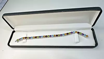 Sterling Silver Multi Gemstone Tennis Bracelet 7  Signed P*M - Estate Jewelry • $39