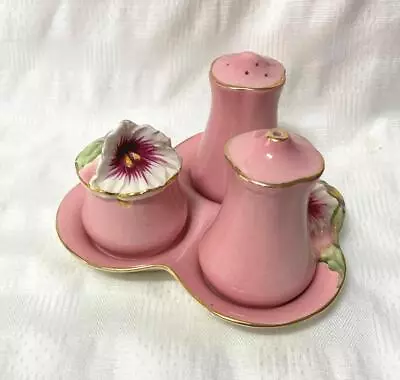 Royal Winton Pink Petunia Cruet Set Salt Pepper Mustard On Tray Vintage AF • $65