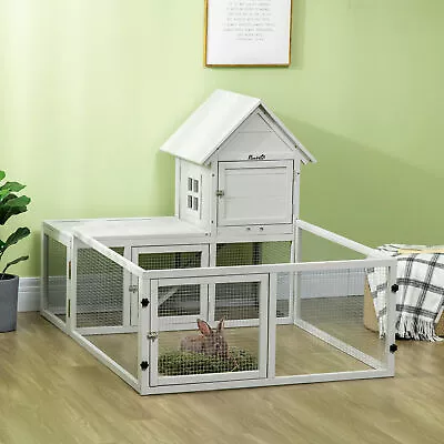 Indoor Rabbit Hutch Guinea Pig Cage W/ Slide-Out Tray Fenced Area • £99.99