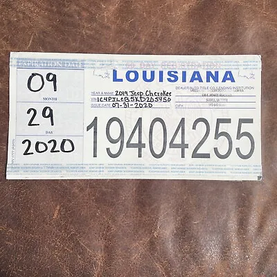 2020 Louisiana Temp Tag License Plate # 19404255 Lakeshore Jeep Dodge Slidell • $12.95