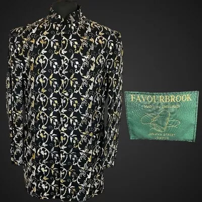 Favourbrook Nehru Jacket 44” Linen Cotton Summer Black Gold Silver Floral Scroll • $277.46