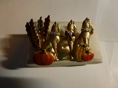 $2.99 • Buy Vintage KEN CRAFT Signed Fall  Cat Brooch Rhinestone And Pumpkins Gold Tone Pin