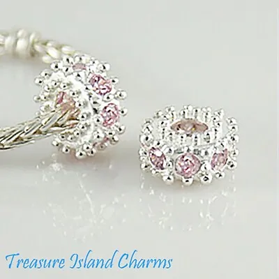 Solid 925 Sterling Silver European Spacer Bead Charm With Light Pink CZ Crystal • $15.95