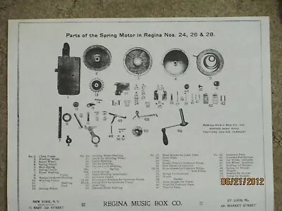 Regina Music Box Parts Of The Spring Motor For #'s 24 26 And 28 Sheet • $3