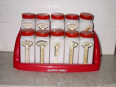 Vintage Griffith's Milk Glass Spice Jars Red Metal Tops Set Of 10 Aladdin Homes • $39.99