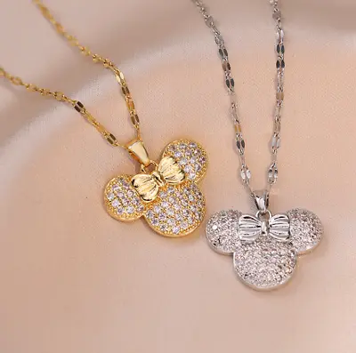 Titanium Gold/Silver Disney Mickey Mouse Pave Cubic Zirconia Pendant Necklace • $12.99
