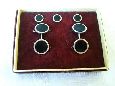 Vintage Swank Silver Tone Black Double Sided Cufflinks Shirt Stud Set With Box • $9.99