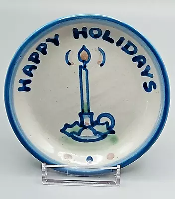 Vintage MA Hadley Art Pottery Happy Holidays Candle 4 1/4”Coaster Signed Blue  • $20