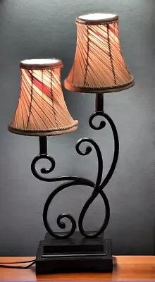 Wrought Iron Look Scroll Double Light Table Lamp W/Swirled Cream Fabric Shades • $65