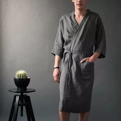 Mens Summer Kimono Bathrobe Gown Sleepwear Night-Robe Cotton Linen Feel Pajama • $29.02