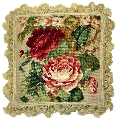 Wool Needlepoint Pillow Dark Red Cabbage Rose Green Leaves Cushion 14x14 • $162