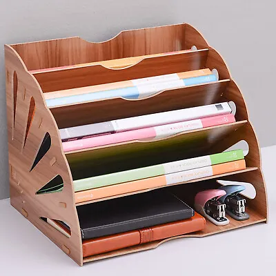 5 Slots Wood File Holder Magazine Rack Desk Paper Organizer Office Mail Divider • $19.95