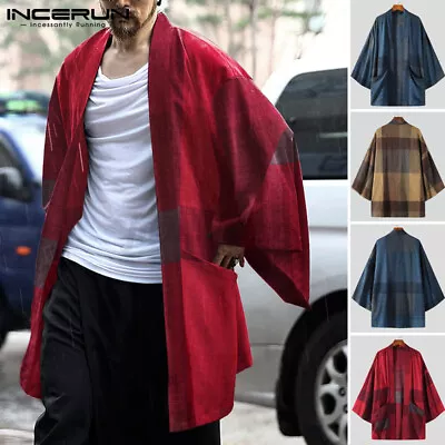 Retro Men's Japanese Coat Kimono Top Jacket Baggy Cardigan Yukata Loose Outwear • £11.49