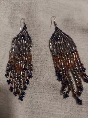 BOHO Fringe Woven Mustard Cream Blue SIilver Seed Beads Handmade Drop Earrings • $29