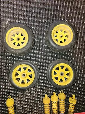 Vintage Tamiya Falcon Set Of Tires And Wheel Rims Used But Good With Shocks.  • $25