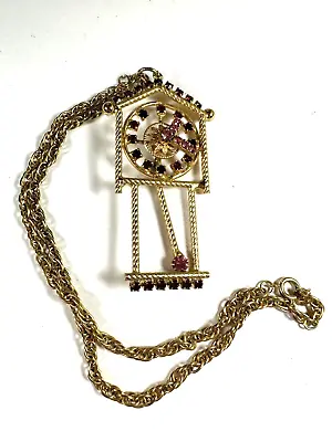 Vintage Necklace Clock Moving Hands Rhinestone On Chain 1960s Novelty • $24