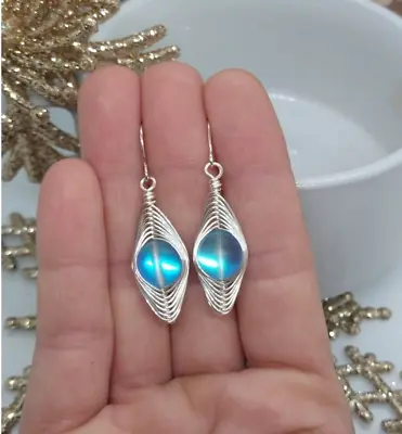 Iridescent Mermaid Glass Earrings Beach Bridal Wedding Earrings Sea Glass • $14.99