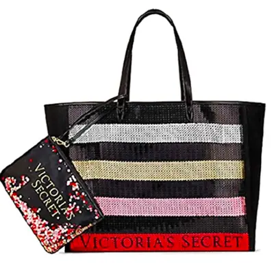 Victoria's Secret Sequins Bling Canvas Tote Large Black Weekender Getaway Bag  • $19.95