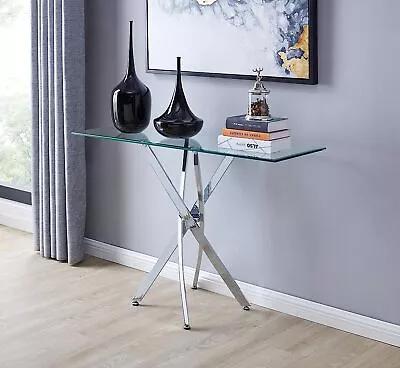 Console Table Hall Table Tempered Glass Chrome Legs Clear Glass Living Room • £95.95