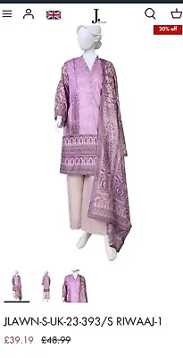 J. Shalwar Kameez Lilac Large Pakistani  Junaid Jamshed Lawn 3 Pc Suit • £30