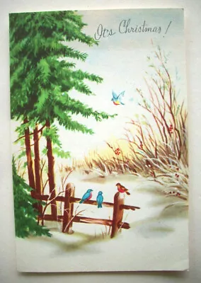 60's Bluebirds Cardinal On Fence By Woods  Vintage Christmas Greeting Card *E10 • $6.99