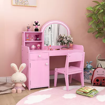 Kid Vanity Table Chair Set 2-Color LED Lights Large Drawer Shelf Cabinet Pink • $139.99