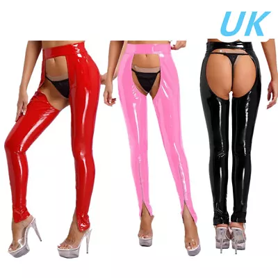 Women's PVC Leather Open Butt Skinny Pants Latex Crotchless Long Pants Clubwear • £20.29