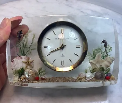 Vintage PHINNEY WALKER Seashell Clear Resin Lucite Alarm Clock SWISS • $35