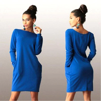 $0.99 • Buy Summer Solid Casual O Neck Long Sleeve Pockets Bodycon Dress Female For Loose