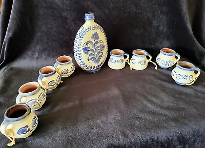 LOT OF 9 VTG 1970s BLUE WHITE HANDPAINTED CERAMIC DECANTER & 8 CUPS FROM HUNGARY • $14.95